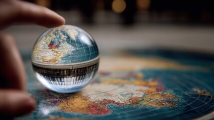 Poster - Finger Touching Glass Globe on Map, Representing Global Business and International Expansion, Emphasizing Connection and Worldwide Reach : Generative AI