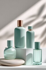 Poster - Minimalist Cosmetic Bottles in Soft Light, Showcasing Product Elegance and Sustainable Beauty Solutions for E-Commerce Marketing : Generative AI