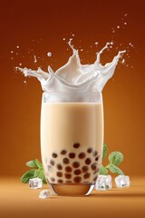 Aufkleber - Refreshing Boba Tea With Milk Splash in Glass, Representing Indulgence and Culinary Presentation for Food Bloggers and Beverage Advertisements : Generative AI