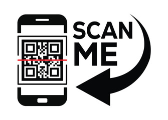 minimalist black and white illustration: smartphone on left displays qr code. 