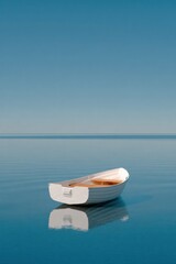 Poster - Small White Rowboat Floating on Calm Blue Water, Evoking Serenity and a Sense of Escape for Travel and Tourism Marketing : Generative AI