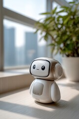 Aufkleber - Cute White Robot Sitting Near a Window with a Plant, Showcasing Artificial Intelligence and Future Technology Solutions for Business Automation : Generative AI