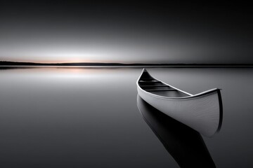 Poster - Canoe Drifting on Calm Lake at Dusk, Representing Peaceful Escape and Outdoor Recreation, Suitable for Tourism and Adventure Marketing Campaigns : Generative AI