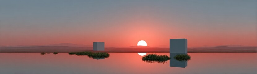 Aufkleber - Minimalist Landscape With Geometric Shapes and Water Reflections at Sunset, Symbolizing Serenity and Contemplation for Wellness and Mindfulness Campaigns : Generative AI