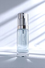 Poster - Clear Glass Bottle with Silver Cap on White Surface, Showcasing Minimalist Design and Product Presentation for Beauty Industry : Generative AI
