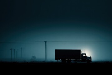 Poster - Silhouette of a Truck on a Foggy Road at Dusk, Evoking Themes of Logistics, Transportation, and Supply Chain Management : Generative AI
