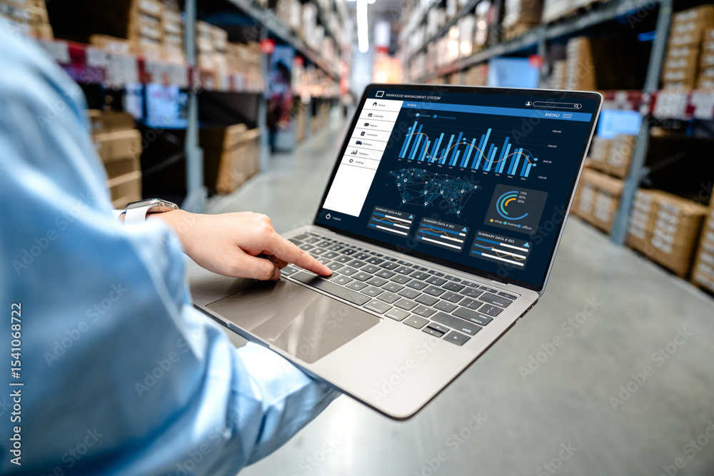 Businessman using digital warehouse inventory management dashboard ...