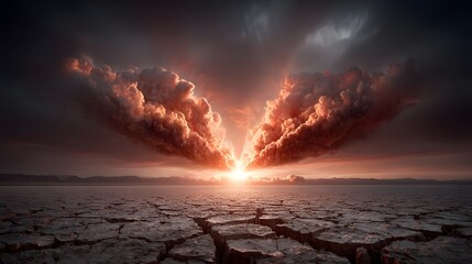 Poster - Fiery sunset casts a warm glow over a barren arid landscape with cracked earth and a moody atmospheric sky