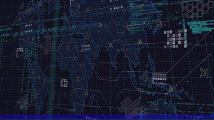 Fototapete - Grid stretching initiating map materializing, glitch sweeping and icons popping for data monitoring