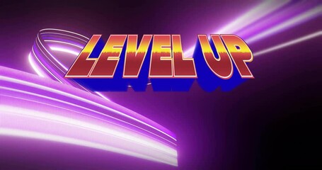 Poster - Neon ribbons sweeping from left looping behind 3D LEVEL UP text fading shifting gradient energizing