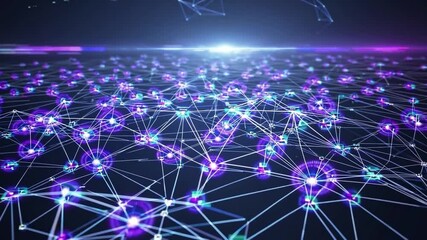 Fototapete - Futuristic digital landscape featuring glowing network connections and abstract technology, blue and purple light, immersive