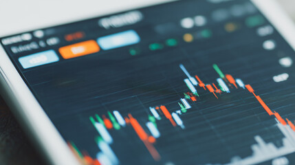 Poster - Navigating the Market: A close-up shot of a tablet screen displaying vibrant stock market data, the lines of the graph reveal the fluctuations and trends of the financial world.