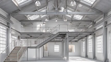 Poster - Industrial Loft: An empty industrial loft space with metal beams, large windows, and a mezzanine, perfect for architectural or design concepts. 