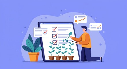 Person interacting with a digital checklist for plant growth.