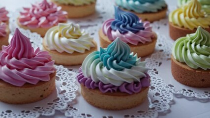 Poster - Colorful cream cake pastel swirl frosting dessert sweet bakery celebration with decorative lace paper and cheerful mood display