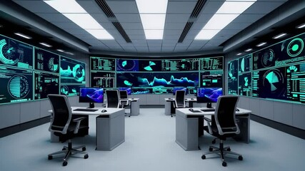Poster - High tech control room featuring digital screens, modern desks, ergonomic chairs, data visualization, futuristic blue lighting