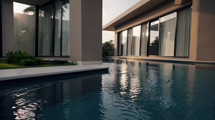 Aufkleber - Serene modern villa featuring large glass windows, private pool, minimalist architecture, tranquil outdoor space, and lush garden