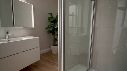 Poster - Minimalist bathroom oasis featuring glass shower, white vanity, wood floor, potted plant, large mirror, and natural light