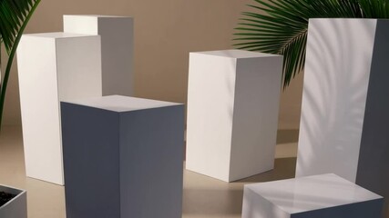 Poster - White geometric pedestal minimalist display with modern indoor style, soft lighting, clean lines, palm leaf accent, elegant