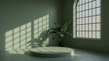 Canvas Print - minimalist green room interior sage walls circular platform plant pot window light shadows