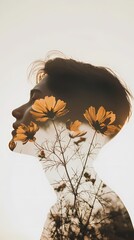 Fototapete - Double exposure flower and head silhouette illustration poster background
