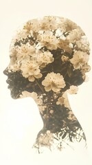 Fototapete - Double exposure flower and head silhouette illustration poster background