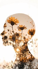 Fototapete - Double exposure flower and head silhouette illustration poster background