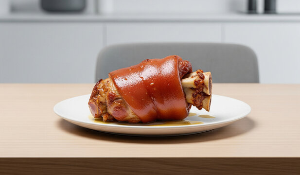 A modern minimalist food photo of a roasted pork knuckle on a white plate on a wooden dining table with a kitchen set background.