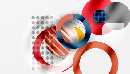 Poster - Abstract geometric shapes overlap. Red, gray, blue tones dominate design. Circles, lines create dynamic composition. Modern aesthetic.