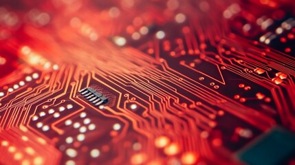 Poster - Red Electronic Circuit Board Close-up: High-Tech Innovation and Connectivity
