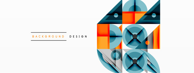 Poster - Abstract geometric shapes, blue, orange tones. Minimalist design with layered elements, clean lines, modern aesthetic. Background texture visible.