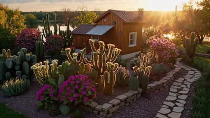 Poster - Cactus garden sunrise bliss with blooming flower, rustic wooden house, stone path, tranquil nature scene, peaceful desert retreat