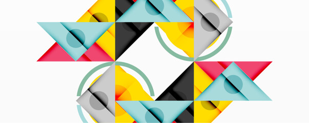Poster - Abstract geometric pattern. Triangles, circles overlap creating symmetrical design. Colors include yellow, pink, gray, blue. Minimalist style.