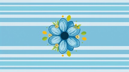 Poster - Blue Flower with Yellow and Green Accents on Light Blue Horizontal Stripes Background Digital Art