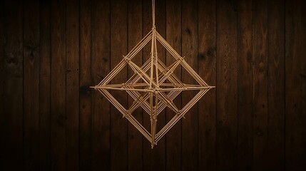 Poster - Beige Straw Geometric Mobile Hanging Dark Brown Wooden Background image