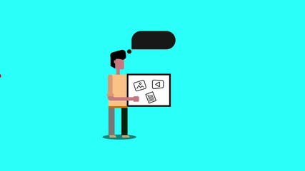 Poster - Person presenting digital icons for images, videos, and documents against vibrant teal background. Animation expresses creativity, communication, and social media engagement.