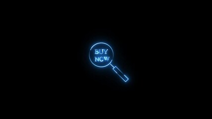 Poster - Neon blue buy now text inside a magnifying glass on dark background for online shopping