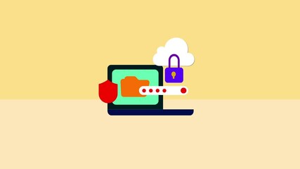 Poster - Secure laptop protects online data with cloud file access. Concept illustrates internet security, privacy, and safe account protection in a digital environment.