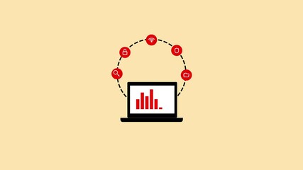 Poster - Laptop displays data and digital security icons. Concept illustrates data analysis, online protection, and secure network interaction in a modern tech environment.