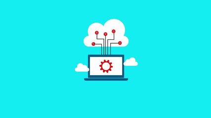 Fototapete - Laptop with gear symbol and clouds on a bright blue background for technological concepts.Animation symbolizes network processing, software updates, and digital business support in modern design.