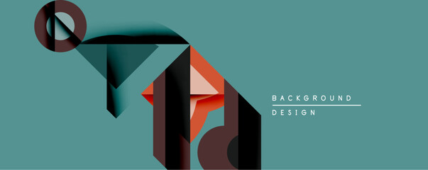 Poster - Abstract geometric design features layered shapes, muted colors. Composition evokes modern art, minimalist aesthetic. Background is teal, elements include red, gray, black.