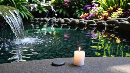 Aufkleber - Tranquil spa serenity with candle, stone, waterfall, lush green foliage, vibrant flowers, peaceful ambiance, water garden