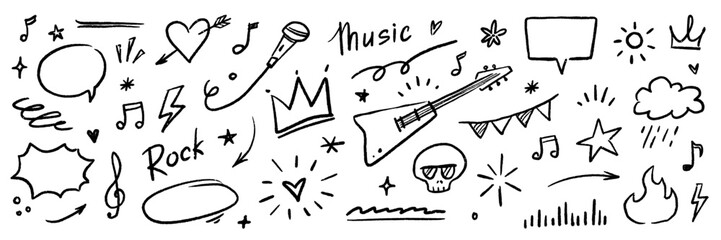 Poster - Music star doodle icon punk rock set. Hand drawn music sketch guitar, microphone, skull. Fun graffiti star shape doodle arrow, crown, speech bubble grunge decoration elements. Vector illustration