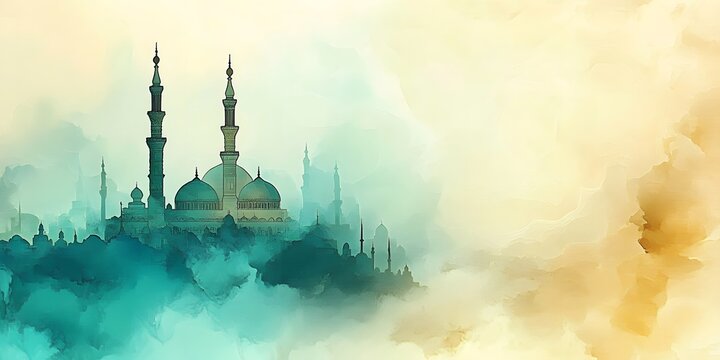 Aquamarine, mosque, eid card.