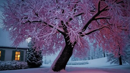 Poster - Pink heart tree winter snow landscape with serene nature, frosty evening, peaceful glowing house, and snowy countryside at dusk