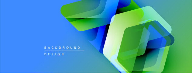 Poster - Abstract geometric shapes overlap, creating vibrant blue, green layers. Modern design elements suggest innovation, technology focus.