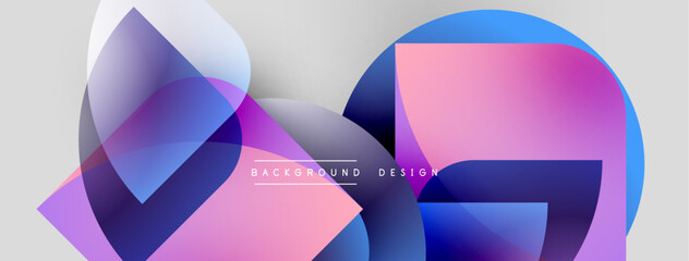 Poster - Abstract shapes overlap, creating vibrant color gradients. Design features pinks, blues, purples on light gray background. Modern aesthetic.