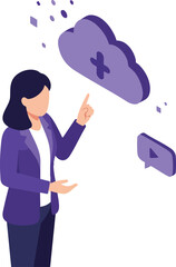 Poster - Businesswoman interacting with purple cloud cancellation icon in digital interface vector illustration 