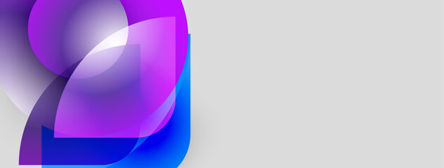Poster - Abstract shapes overlap, creating vibrant purple, blue hues. Minimalist design with large gray space. Modern, clean aesthetic.