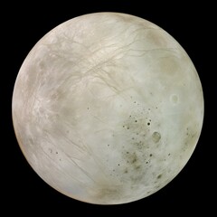 Wall Mural - A detailed, full-disk rendering of Europa, one of Jupiter's Galilean moons, showcasing its smooth, icy surface crisscrossed by distinctive reddish-brown lines and subtle cracks. 
